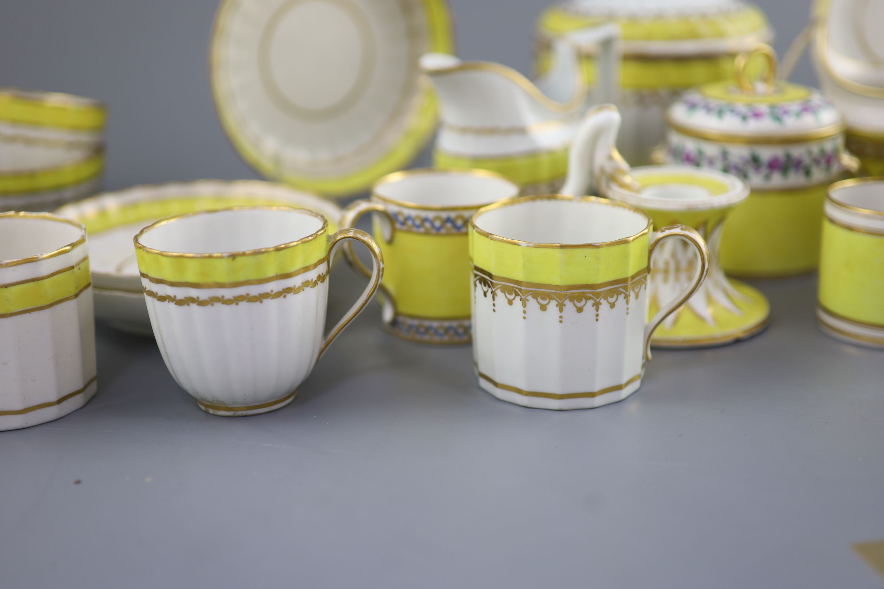A group of Derby yellow ground tea and coffee wares and a chamberstick, c.1790-1800